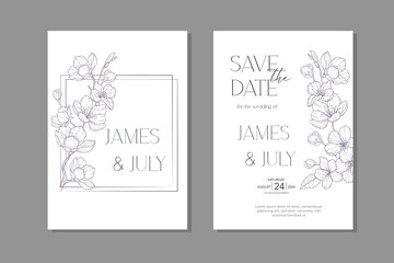 Line Art Cherry Blossom Wedding Invitation template, Outline Sakura Minimalist Wedding Stationery
