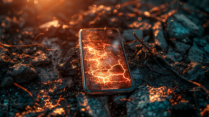 A cell phone lies on hot and dry earth, symbolizing global warming and industrial pollution