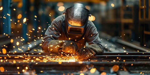welder is welding metal , industry them bokeh and sparkle background, Generative Ai	
