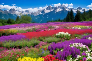 amazing spring flower garden and mountain landscape background
