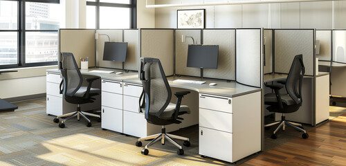 A contemporary cubicle design featuring ergonomic chairs, movable privacy screens, built-in power...