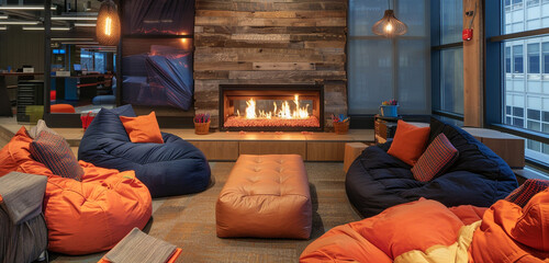 A cozy breakout area with comfortable couches, bean bags, and a fireplace, designed for informal meetings and brainstorming sessions