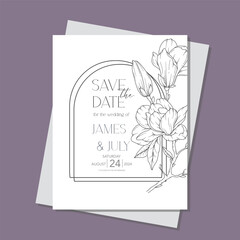 Line Art magnolia Flower Wedding Invitation template, Outline magnolia Minimalist Wedding Stationery