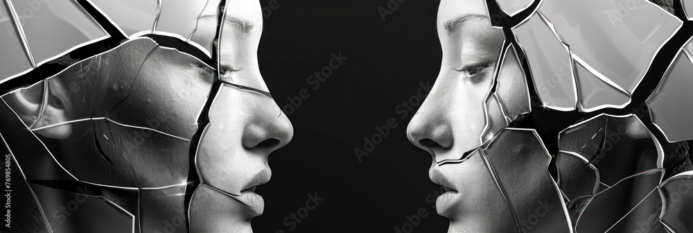 Poster a close-up view of a human-like face and its reflection, both fragmented by the broken mirror textur