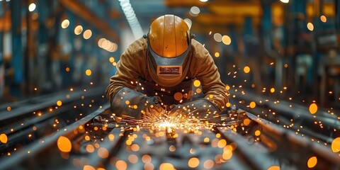 welder is welding metal , industry them bokeh and sparkle background, Generative Ai	
