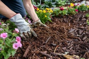 person wearing gloves as they spread mulch in a flower bed - obrazy, fototapety, plakaty