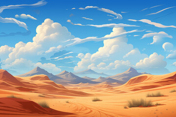 Desert landscape. Sunny day with clouds in sandy dunes, hot desert barren land, cartoon flat minimalistic panorama. Modern illustration
