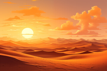 Sandy desert. Cartoon orange sand dunes in hot desert, heat during sunset in desert, minimalistic nature panorama. Flat illustration