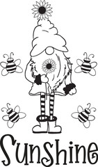 Sunflower Gnome Vector, Sunflower Illustration, Gnome Design, Sunshine 