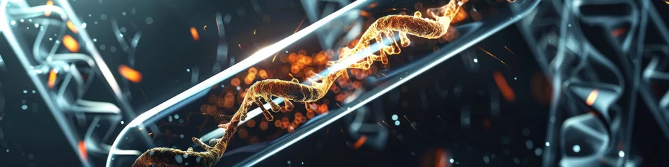 Fotobehang A close-up view of a glowing DNA double helix with fiery sparks suggesting genetic manipulation or analysis © sommersby