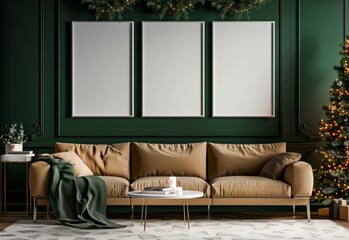 3 large thick white posters on the wall of an elegant living room with sofa, dark green walls