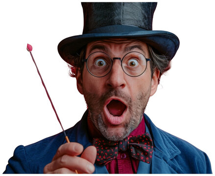 Man in Top Hat and Glasses Holding Stick. Transparent Background PNG