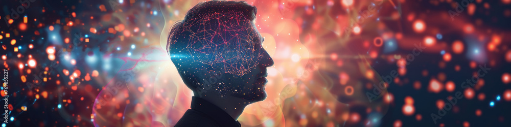 Aufkleber a silhouette of an individual is overlaid with a network of glowing lines against a colorful bokeh e