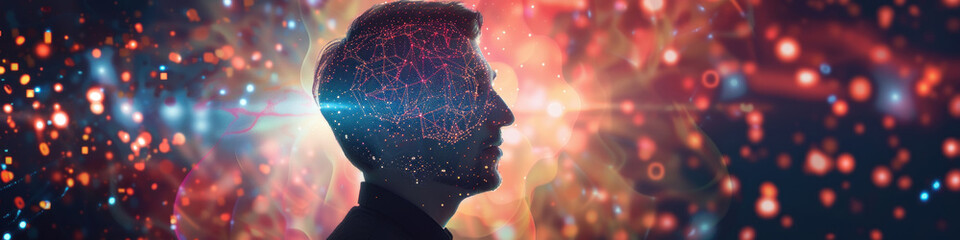 A silhouette of an individual is overlaid with a network of glowing lines against a colorful bokeh effect