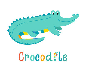 Cute cartoon crocodile. Hand drawn vector illustration. isolated on white background.