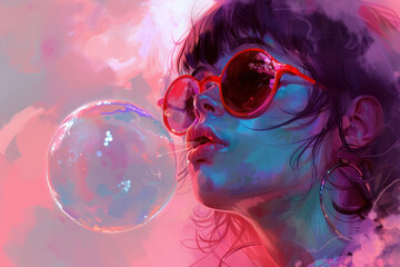 A woman with red sunglasses blowing a bubble outdoors - obrazy, fototapety, plakaty