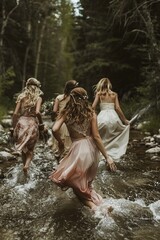 Bride and her Bridesmaids barefoot in the River