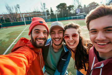A group of young people take selfies on the playing field