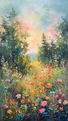 Fototapeta na wymiar Wildflower meadow at dawn, bright colors, ground level, cheerful, watercolor touch 
