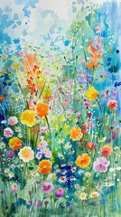 Wildflower meadow at dawn, bright colors, ground level, cheerful, watercolor touch