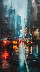 Rainy cityscape, blurred reflections, wide lens, moody, watercolor impression 