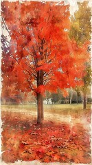 Autumn park, rich oranges and reds, eye level, nostalgic, watercolor texture 