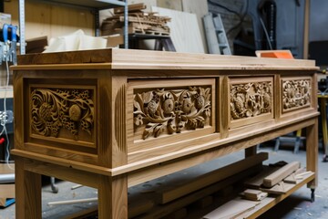 wooden sideboard with carvings in progress on workshop table - 769856801