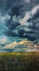 Thunderstorm over prairie, dramatic skies, wide angle, dynamic, watercolor intensity