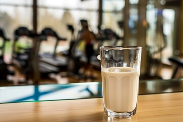 glass of soy milk on a gym reception desk, activity behind - 769857029