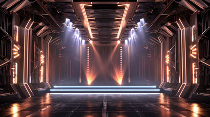 a futuristic space hallway with lights and a stage. ai generated image.