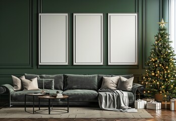 3 white mockup frames on the wall of an elegant living room with sofa, green walls, warm lights,...