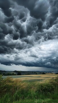 Dark, brooding thunderstorm clouds gather above a lush farmland, evoking the intensity of an impending storm.