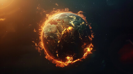 Global warming impact on our planet. Planet Earth is on fire isolated on a dark background. Save Planet Earth and Earth Day concept, 