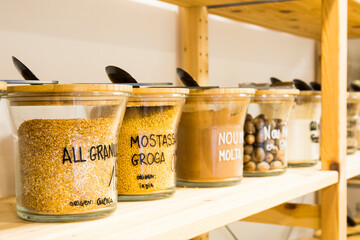 Self service bulk organic food. Eco-friendly zero waste shop. Small local business. Cumin, mustard, nutmeg. cayenne and garlic