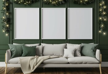 3 white mockup frames on the wall of an elegant living room with sofa, and green walls