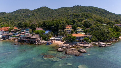 Drone Aerial View of the coast of Koh Tao in Thailand - obrazy, fototapety, plakaty