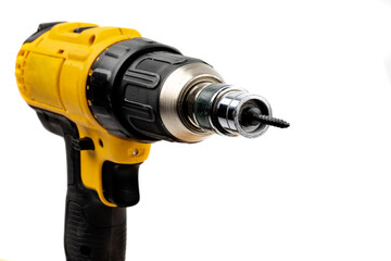 An electric drill with a magnetic drywall screw clutch setter ready to drive a screw into drywall.