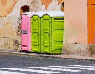 Toalety przenośne ustawione przy ścianie. Jeden różowy toi toi i dwa zielone są ustawione przy murze. Toaleta przenośna widoczna w oddali. Toaleta sanitarna przy drodze w mieście. - obrazy, fototapety, plakaty