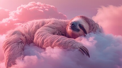 Fototapeta premium Surreal vision of a giant, kind-faced sloth asleep on a cloud, with the sky brushed in delicate pastel colors, captured in documentary, editorial, and magazine photography style