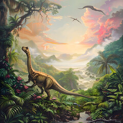 Illustration of Dinosaurs in the jungle.