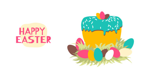 Happy Easter - spring Easter poster of Easter cake with sprinkles, bright coloured eggs. Vector illustration