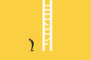 Businessman look at broken ladder. concept of problem or risk, Career path obstacle, financial problem