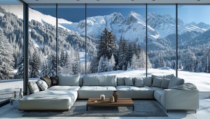 Large window with snowy mountain view, living room interior design in winter, sofa and coffee table in front of glass wall