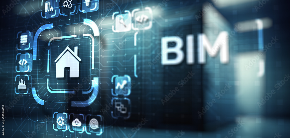 Poster bim building information modeling technology concept on virtual screen.