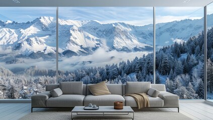 Large window with snowy mountain view, living room interior design in winter, sofa and coffee table...