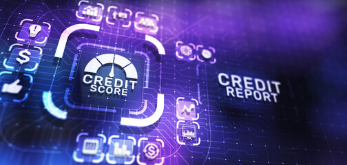 Credit report score button on virtual screen. Business Finance concept.