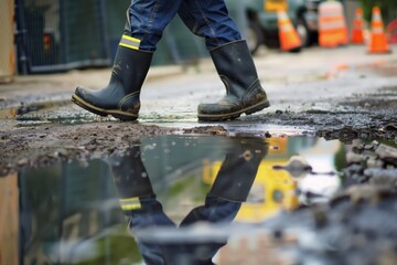 worker in rubber boots walking past a puddle - 769861418