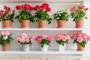 Fototapeta na wymiar arranging potted roses on shelves in a nursery