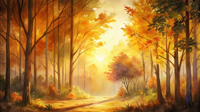 Autumnal forest path at sunrise
