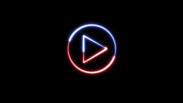 Video, audio neon play button icon animation. glowing play button animation. Press to play. Start button sign video. Music play button icon animation in glowing neon circle and press icon animation.